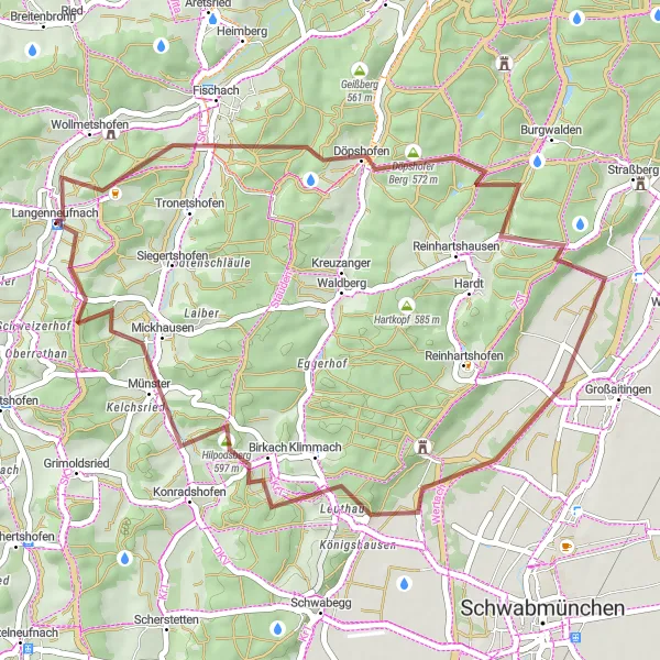 Map miniature of "Gravel Adventure to Kaltenberg" cycling inspiration in Schwaben, Germany. Generated by Tarmacs.app cycling route planner