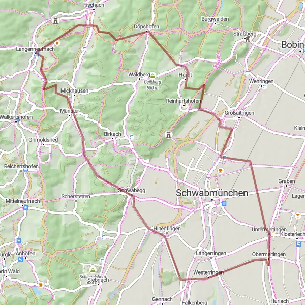 Map miniature of "Scenic Gravel Loop via Kaltenberg" cycling inspiration in Schwaben, Germany. Generated by Tarmacs.app cycling route planner
