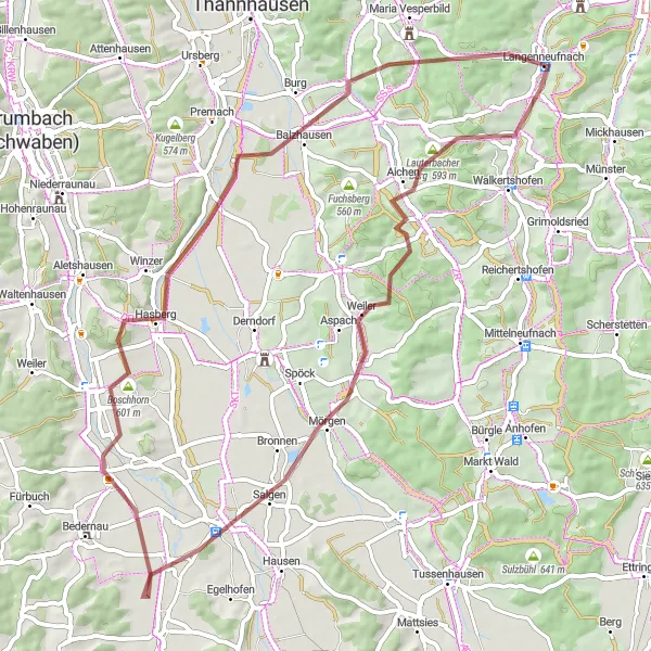 Karten-Miniaturansicht der Radinspiration "Verborgene Schätze um Salgen" in Schwaben, Germany. Erstellt vom Tarmacs.app-Routenplaner für Radtouren