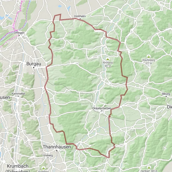 Karten-Miniaturansicht der Radinspiration "Abenteuerliche Graveltour durch Aislingen und Steinberg" in Schwaben, Germany. Erstellt vom Tarmacs.app-Routenplaner für Radtouren