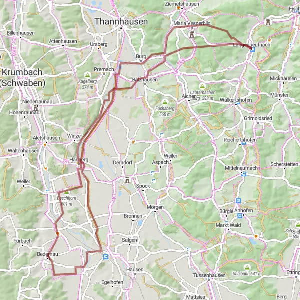 Map miniature of "The Gravel Ride to Balzhausen" cycling inspiration in Schwaben, Germany. Generated by Tarmacs.app cycling route planner