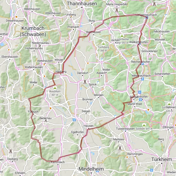 Map miniature of "Discover the Charms of Langenneufnach" cycling inspiration in Schwaben, Germany. Generated by Tarmacs.app cycling route planner