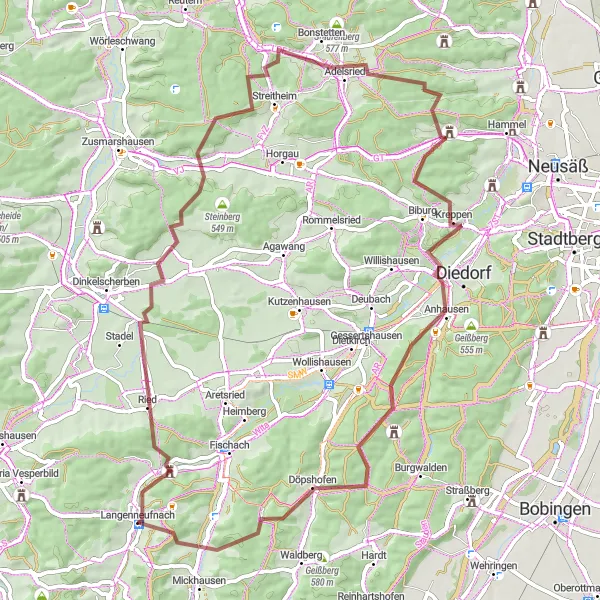 Map miniature of "The Adventurous Route through Schwaben" cycling inspiration in Schwaben, Germany. Generated by Tarmacs.app cycling route planner