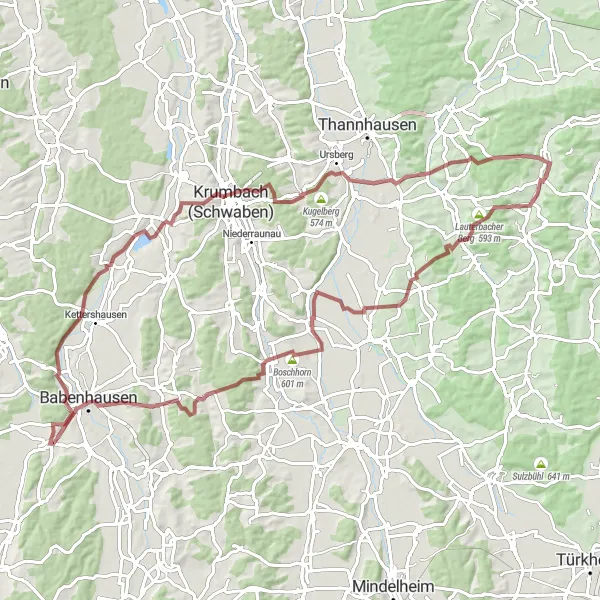 Map miniature of "The Ultimate Gravel Challenge" cycling inspiration in Schwaben, Germany. Generated by Tarmacs.app cycling route planner