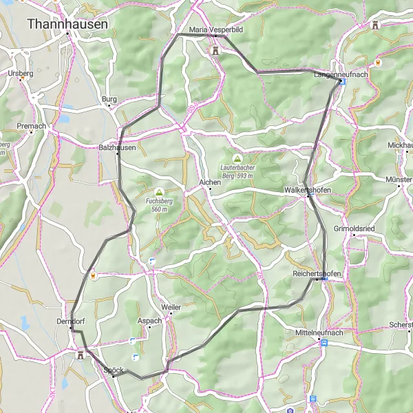 Map miniature of "Walkertshofen Loop" cycling inspiration in Schwaben, Germany. Generated by Tarmacs.app cycling route planner