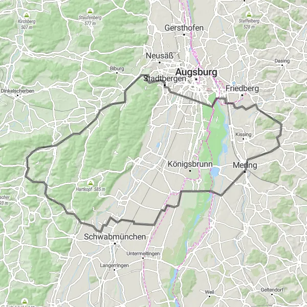 Karten-Miniaturansicht der Radinspiration "Auf den Spuren von Mickhausen und Mering" in Schwaben, Germany. Erstellt vom Tarmacs.app-Routenplaner für Radtouren