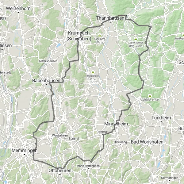 Karten-Miniaturansicht der Radinspiration "Rund um Langenneufnach und Thannhausen" in Schwaben, Germany. Erstellt vom Tarmacs.app-Routenplaner für Radtouren