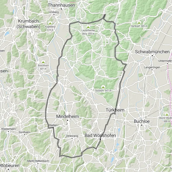 Map miniature of "The Romantic Road Tour" cycling inspiration in Schwaben, Germany. Generated by Tarmacs.app cycling route planner