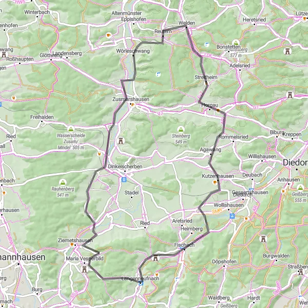 Map miniature of "Road Cycling Adventure to Ziemetshausen" cycling inspiration in Schwaben, Germany. Generated by Tarmacs.app cycling route planner