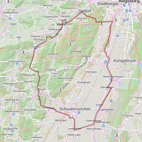 Karten-Miniaturansicht der Radinspiration "Gravel-Erlebnis durch die Natur des Schmuttertals" in Schwaben, Germany. Erstellt vom Tarmacs.app-Routenplaner für Radtouren