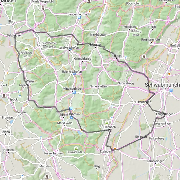 Karten-Miniaturansicht der Radinspiration "Rundtour entlang historischer Sehenswürdigkeiten" in Schwaben, Germany. Erstellt vom Tarmacs.app-Routenplaner für Radtouren