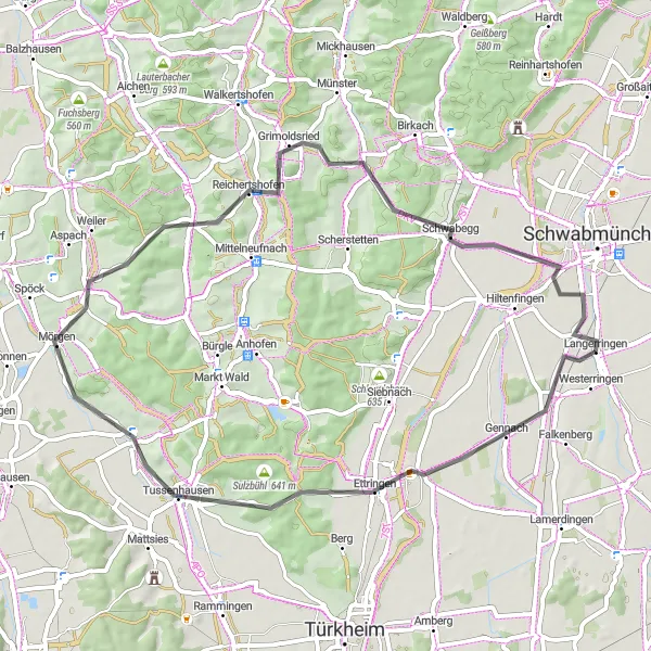 Karten-Miniaturansicht der Radinspiration "Rundfahrt durch das idyllische Gennachtal" in Schwaben, Germany. Erstellt vom Tarmacs.app-Routenplaner für Radtouren
