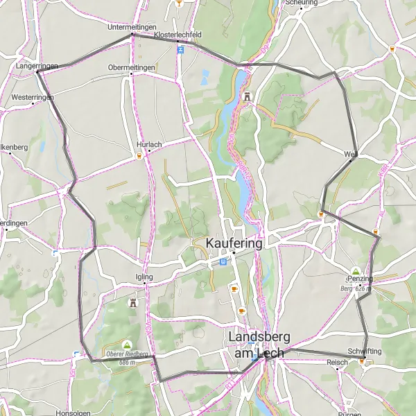Karten-Miniaturansicht der Radinspiration "Radeln rund um Langerringen auf Asphaltstraßen" in Schwaben, Germany. Erstellt vom Tarmacs.app-Routenplaner für Radtouren