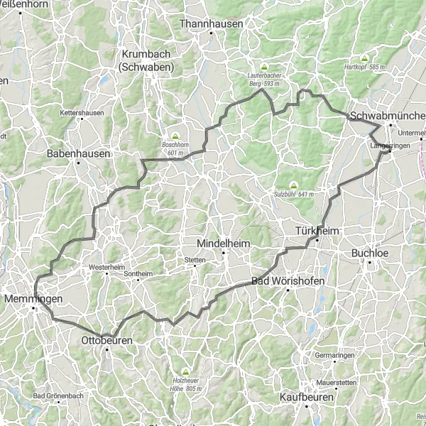 Karten-Miniaturansicht der Radinspiration "Große Rundfahrt durch Schwaben auf Asphaltstraßen" in Schwaben, Germany. Erstellt vom Tarmacs.app-Routenplaner für Radtouren