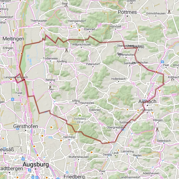 Karten-Miniaturansicht der Radinspiration "Gravel-Abenteuer nach Obergriesbach" in Schwaben, Germany. Erstellt vom Tarmacs.app-Routenplaner für Radtouren