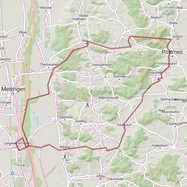 Karten-Miniaturansicht der Radinspiration "Rund um Langweid am Lech" in Schwaben, Germany. Erstellt vom Tarmacs.app-Routenplaner für Radtouren