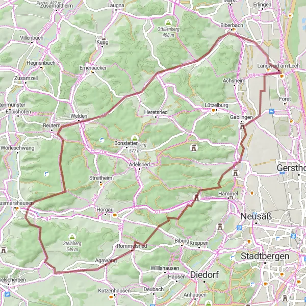Karten-Miniaturansicht der Radinspiration "Rundfahrt um Langweid: Pfaffenberg und Steineberg" in Schwaben, Germany. Erstellt vom Tarmacs.app-Routenplaner für Radtouren