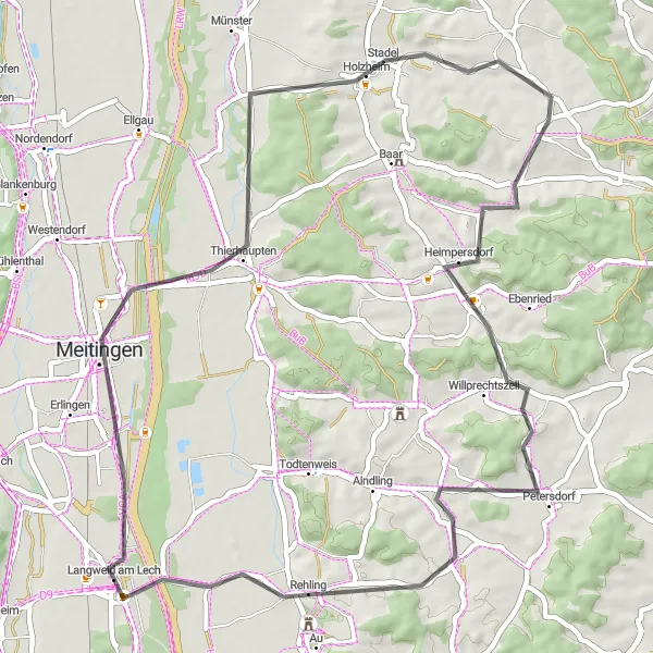Karten-Miniaturansicht der Radinspiration "Rundfahrt über Haldenberg und Rehling" in Schwaben, Germany. Erstellt vom Tarmacs.app-Routenplaner für Radtouren