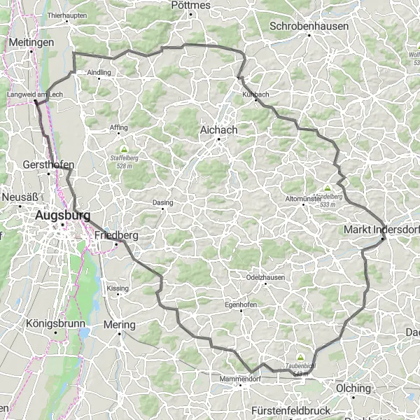Karten-Miniaturansicht der Radinspiration "Rundtour durch Aichach-Friedberg" in Schwaben, Germany. Erstellt vom Tarmacs.app-Routenplaner für Radtouren