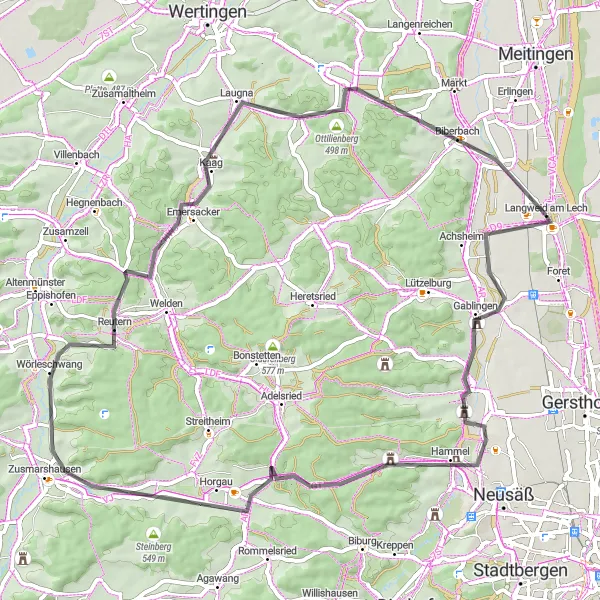 Karten-Miniaturansicht der Radinspiration "Entdeckungstour durch das Lechtal" in Schwaben, Germany. Erstellt vom Tarmacs.app-Routenplaner für Radtouren