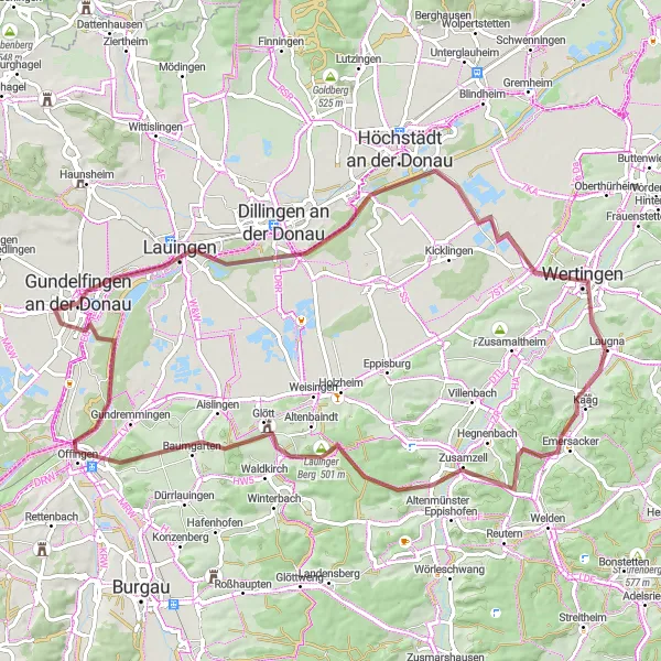 Map miniature of "Bavarian Countryside Gravel Odyssey" cycling inspiration in Schwaben, Germany. Generated by Tarmacs.app cycling route planner