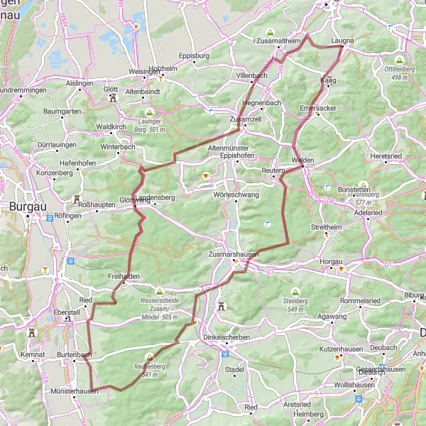 Map miniature of "Hills and Valleys Gravel Expedition" cycling inspiration in Schwaben, Germany. Generated by Tarmacs.app cycling route planner