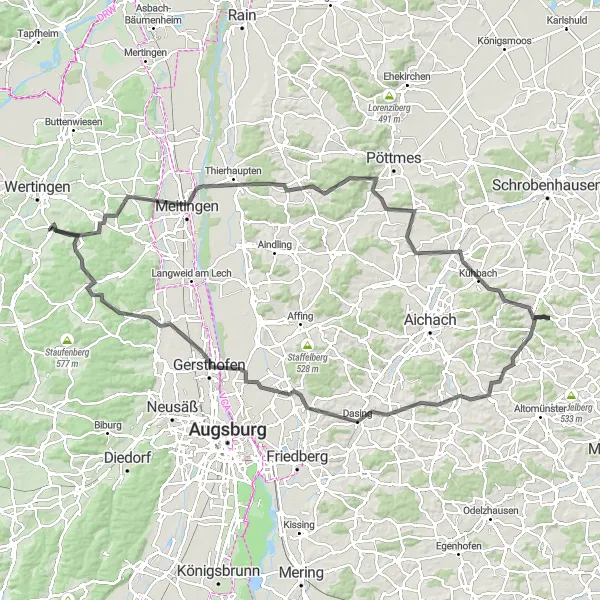 Map miniature of "Countryside Charm" cycling inspiration in Schwaben, Germany. Generated by Tarmacs.app cycling route planner