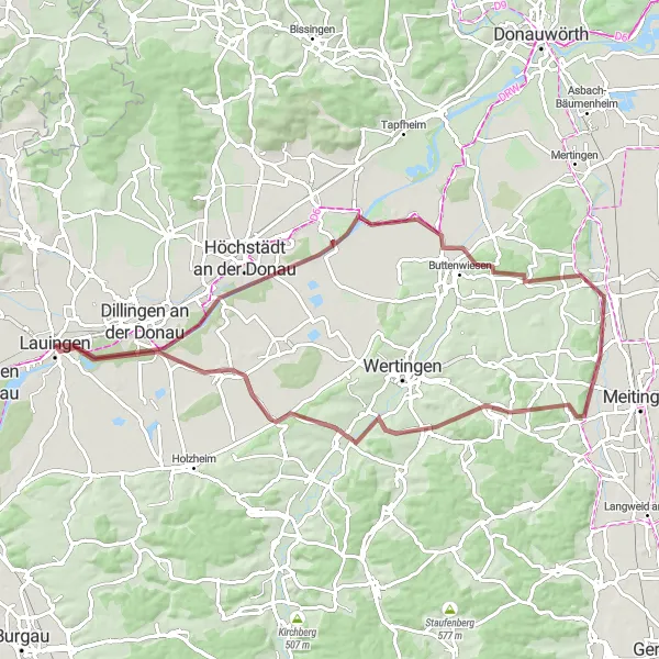 Karten-Miniaturansicht der Radinspiration "Gravelabenteuer um Lauingen" in Schwaben, Germany. Erstellt vom Tarmacs.app-Routenplaner für Radtouren