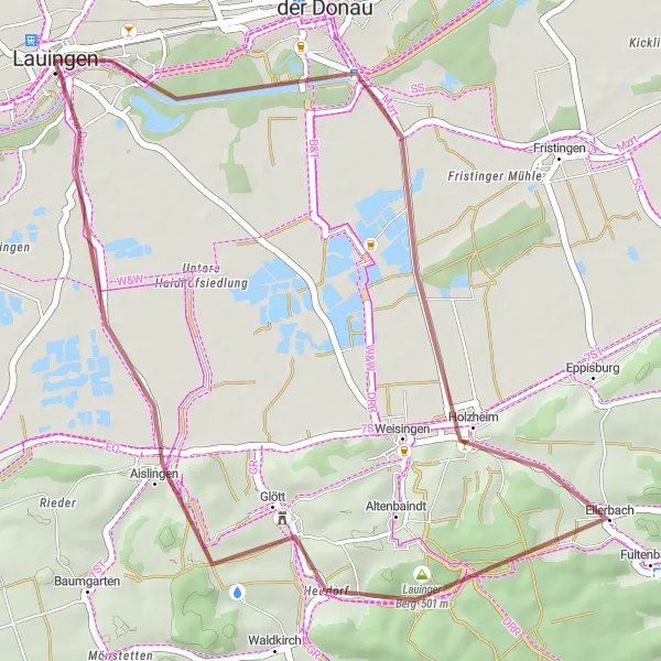 Karten-Miniaturansicht der Radinspiration "Kurzer Gravelausflug um Lauingen" in Schwaben, Germany. Erstellt vom Tarmacs.app-Routenplaner für Radtouren