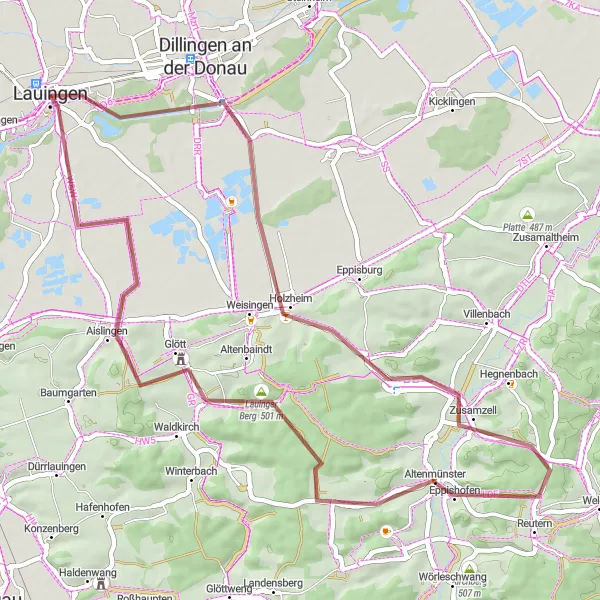 Karten-Miniaturansicht der Radinspiration "Naturschönheiten entlang der Gravel-Strecke" in Schwaben, Germany. Erstellt vom Tarmacs.app-Routenplaner für Radtouren