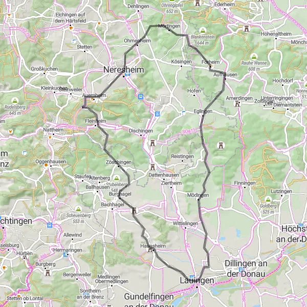 Karten-Miniaturansicht der Radinspiration "Rund um Lauingen: Auf historischen Spuren" in Schwaben, Germany. Erstellt vom Tarmacs.app-Routenplaner für Radtouren