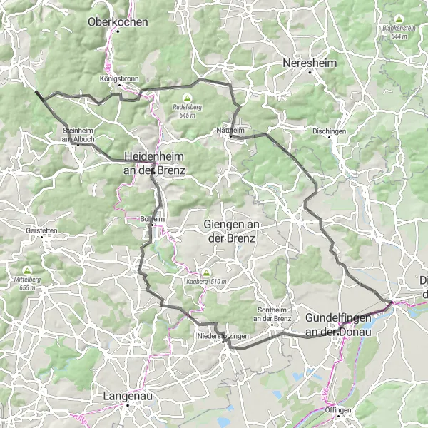Karten-Miniaturansicht der Radinspiration "Abenteuerliche Strecke um Lauingen" in Schwaben, Germany. Erstellt vom Tarmacs.app-Routenplaner für Radtouren