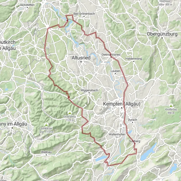 Karten-Miniaturansicht der Radinspiration "Abenteuerliche Tour über Kempten und Burg Langenegg" in Schwaben, Germany. Erstellt vom Tarmacs.app-Routenplaner für Radtouren