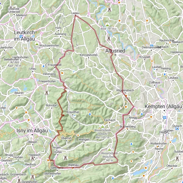 Map miniature of "Legau - Weitnau Loop" cycling inspiration in Schwaben, Germany. Generated by Tarmacs.app cycling route planner