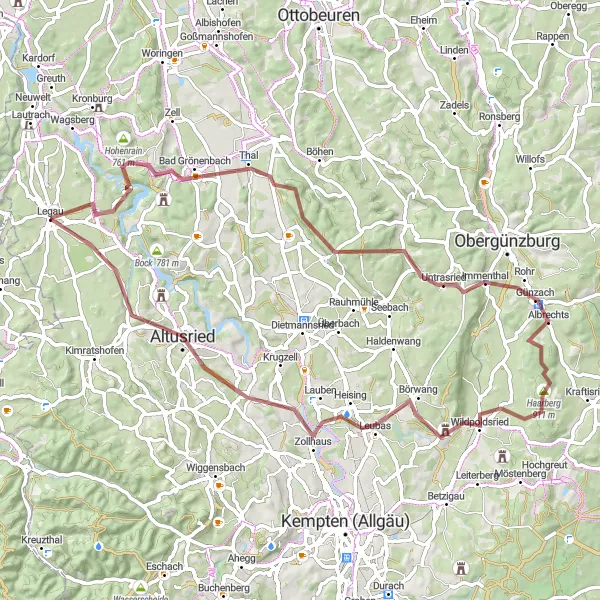 Map miniature of "Gravel Adventure in Legau" cycling inspiration in Schwaben, Germany. Generated by Tarmacs.app cycling route planner