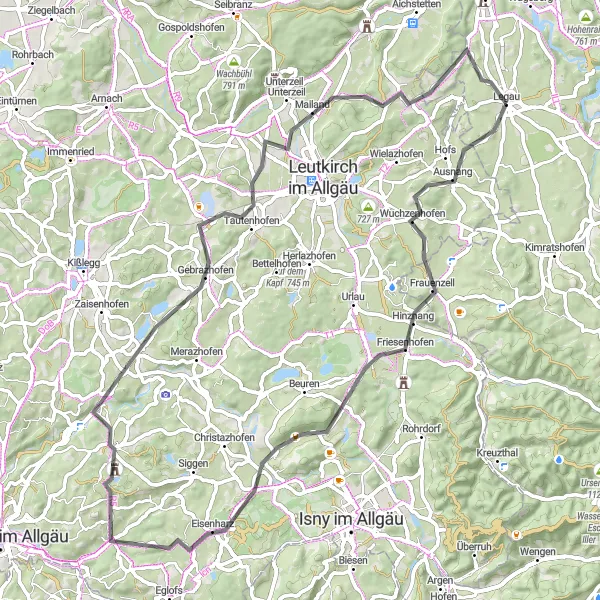 Map miniature of "Legau - Wigelis Ride" cycling inspiration in Schwaben, Germany. Generated by Tarmacs.app cycling route planner