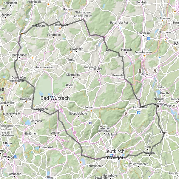 Map miniature of "Legau to Oberwitzenberg Loop" cycling inspiration in Schwaben, Germany. Generated by Tarmacs.app cycling route planner