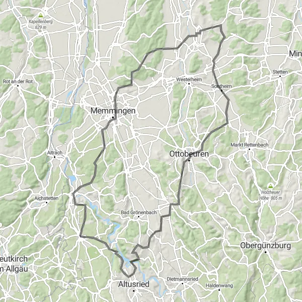 Map miniature of "Memmingen and Ottobeuren Loop" cycling inspiration in Schwaben, Germany. Generated by Tarmacs.app cycling route planner