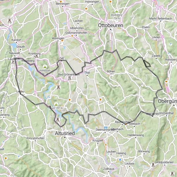 Map miniature of "Legau to Bock Scenic Ride" cycling inspiration in Schwaben, Germany. Generated by Tarmacs.app cycling route planner
