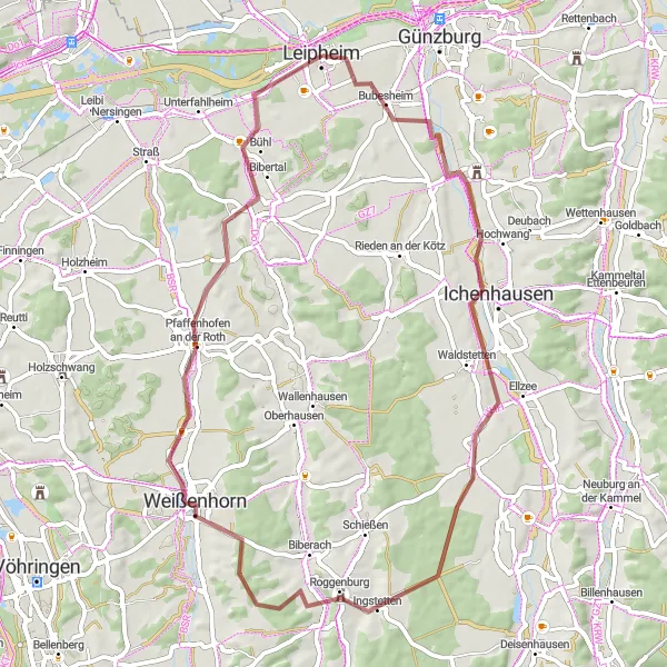 Map miniature of "The Gravel Panorama" cycling inspiration in Schwaben, Germany. Generated by Tarmacs.app cycling route planner