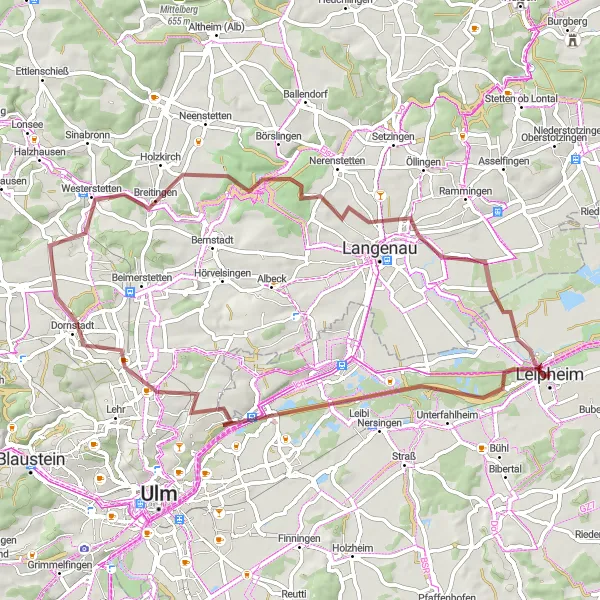 Karten-Miniaturansicht der Radinspiration "Gravel-Abenteuer in der Region Ulm" in Schwaben, Germany. Erstellt vom Tarmacs.app-Routenplaner für Radtouren