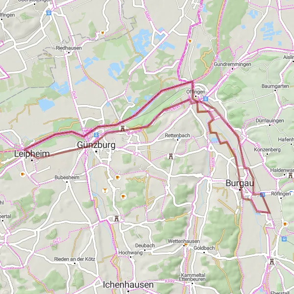 Karten-Miniaturansicht der Radinspiration "Gravel-Abenteuer im Umland von Leipheim" in Schwaben, Germany. Erstellt vom Tarmacs.app-Routenplaner für Radtouren