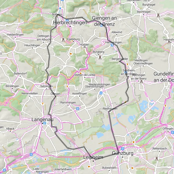 Map miniature of "Schloss Leipheim to Günzburg Road Route" cycling inspiration in Schwaben, Germany. Generated by Tarmacs.app cycling route planner