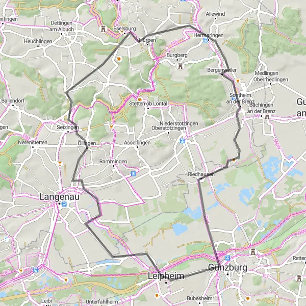 Map miniature of "The Historical Route" cycling inspiration in Schwaben, Germany. Generated by Tarmacs.app cycling route planner