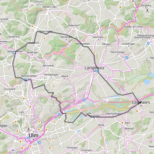 Karten-Miniaturansicht der Radinspiration "Abwechslungsreiche Roadtour rund um Leipheim" in Schwaben, Germany. Erstellt vom Tarmacs.app-Routenplaner für Radtouren