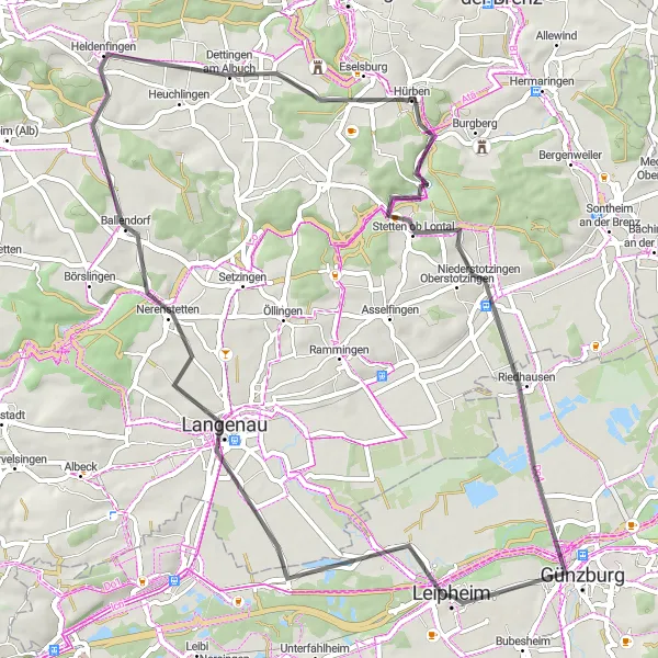 Karten-Miniaturansicht der Radinspiration "Hügelige Straßentour durch Leipheim" in Schwaben, Germany. Erstellt vom Tarmacs.app-Routenplaner für Radtouren