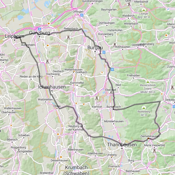 Map miniature of "Leipheim - Günzburg - Ichenhausen - Leipheim" cycling inspiration in Schwaben, Germany. Generated by Tarmacs.app cycling route planner