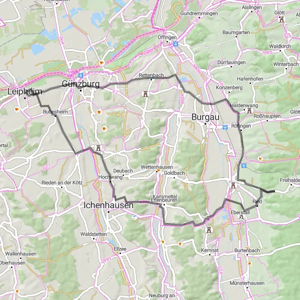 Map miniature of "Leipheim - Günzburg - Bubesheim - Leipheim" cycling inspiration in Schwaben, Germany. Generated by Tarmacs.app cycling route planner