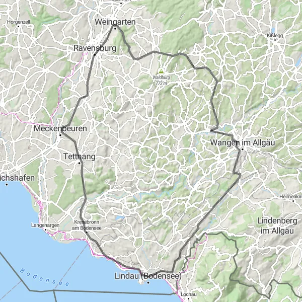 Karten-Miniaturansicht der Radinspiration "Durch die malerische Landschaft am Bodensee" in Schwaben, Germany. Erstellt vom Tarmacs.app-Routenplaner für Radtouren