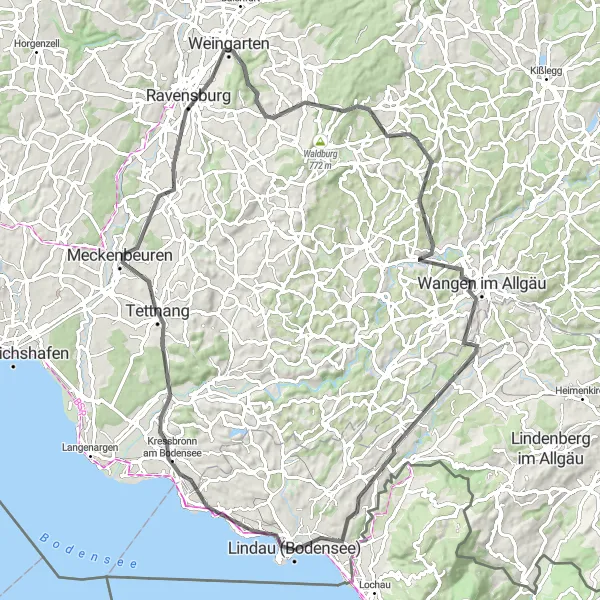 Map miniature of "Lake Panorama" cycling inspiration in Schwaben, Germany. Generated by Tarmacs.app cycling route planner